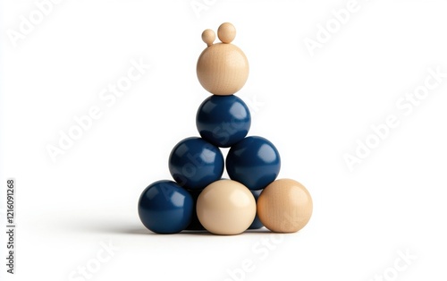 3D icon of blue and beige spheres arranged in the shape of a pyramid, with a white background. At the pyramid's peak are four people, with two positioned lower down. 