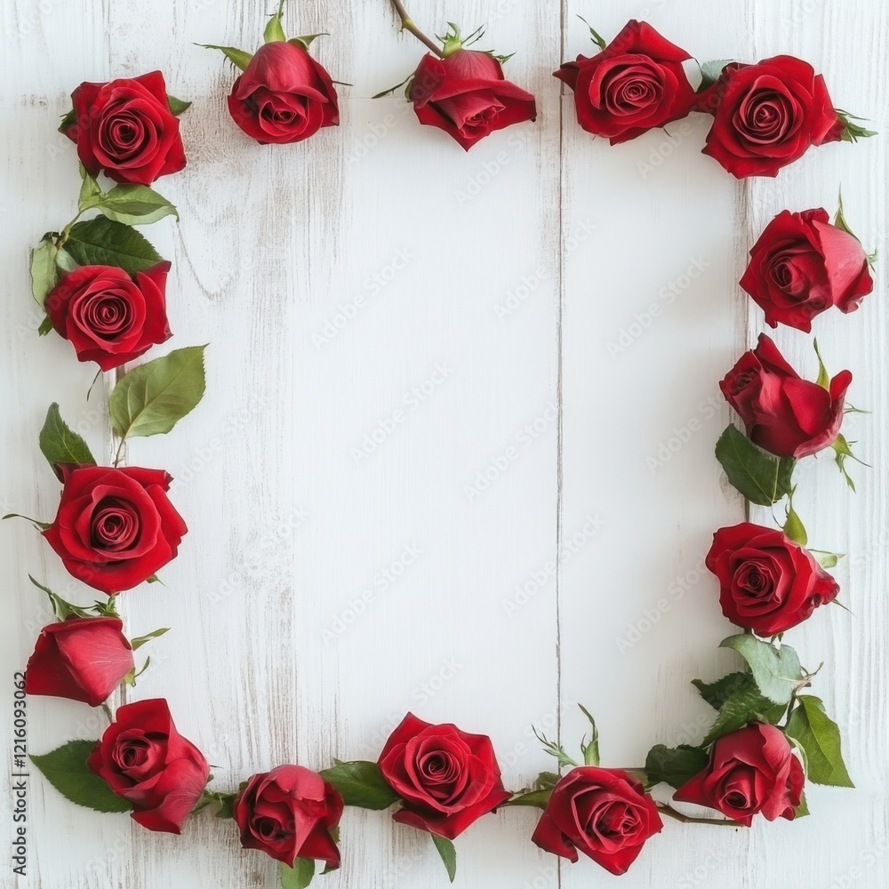 Romantic Red Roses Frame on White Wooden Background Romantic Red Roses Frame on White Wooden Background