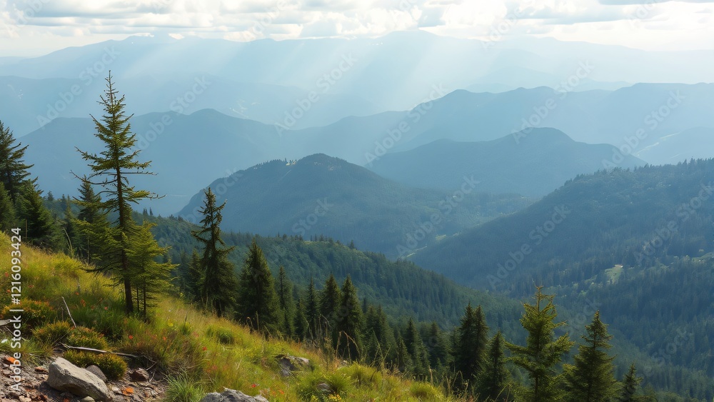 Serene Mountain Vista Layers of Blue Peaks and Verdant Slopes