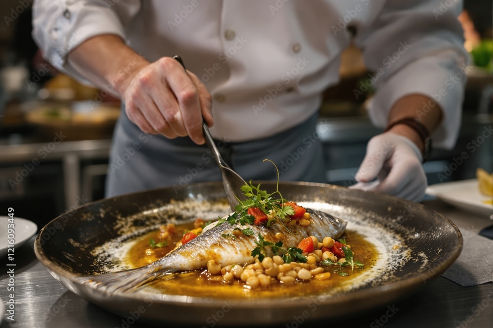 Chef preparing a gilthead bream dish in a luxury restaurant, close up view