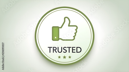 Green trusted badge icon with thumbs-up symbol, representing reliability, trustworthiness, certification, and approval for branding, business, marketing, or customer loyalty visuals.