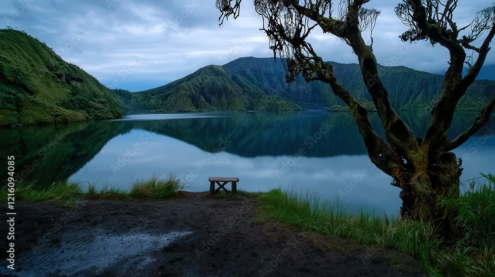 A serene lake reflects mountains under a cloudy sky, with a solitary tree and bench inviting peaceful contemplation. A serene lake reflects mountains under a cloudy sky, with a solitary tree and bench inviting peaceful contemplation.