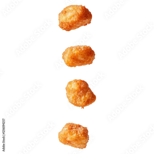 Four chicken nuggets falling perfectly on a white background AI generative.. photo