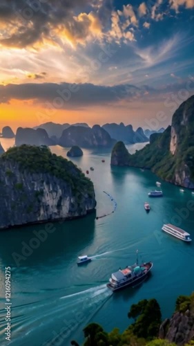 Majestic Aerial View of Limestone Islands in Turquoise Waters at Sunset 4K Video V2