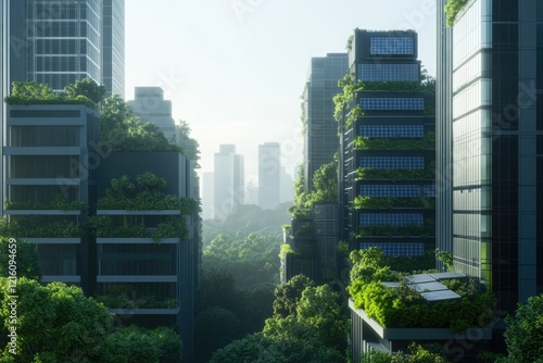 artistic rendering of urban skyline where each building incorporates green terraces and solar panels photo