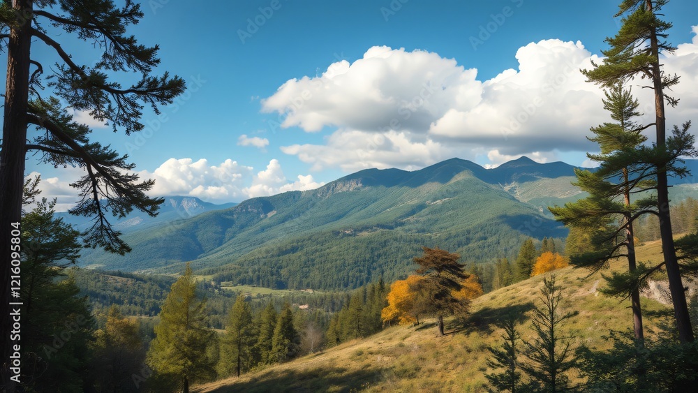 Majestic Mountain Landscape with Autumnal Colors and Pine Trees Majestic Mountain Landscape with Autumnal Colors and Pine Trees