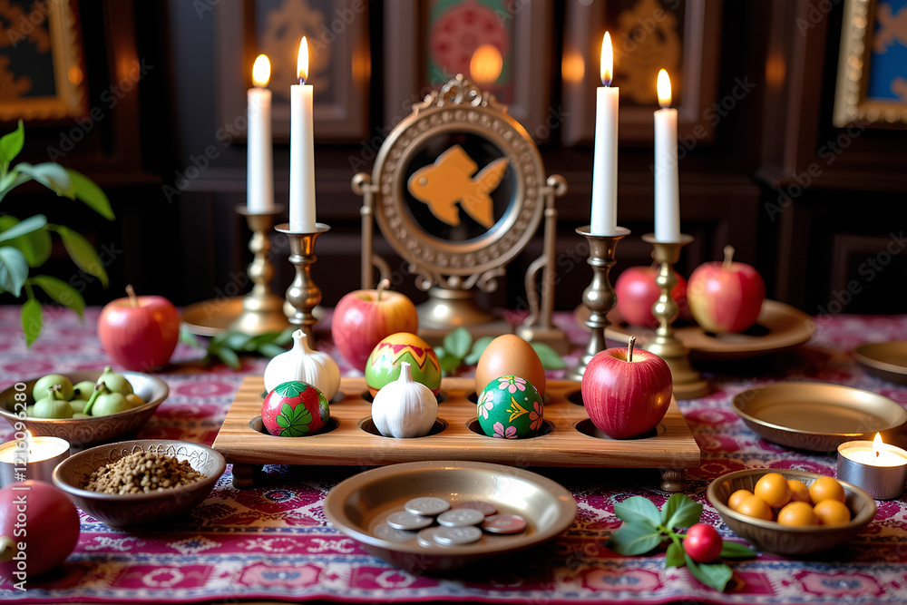 Vibrant Nowruz Haft-Seen Table Setting with Symbolic Elements, Celebrating Persian New Year Traditions and the Arrival of Spring Vibrant Nowruz Haft-Seen Table Setting with Symbolic Elements, Celebrating Persian New Year Traditions and the Arrival of Spring