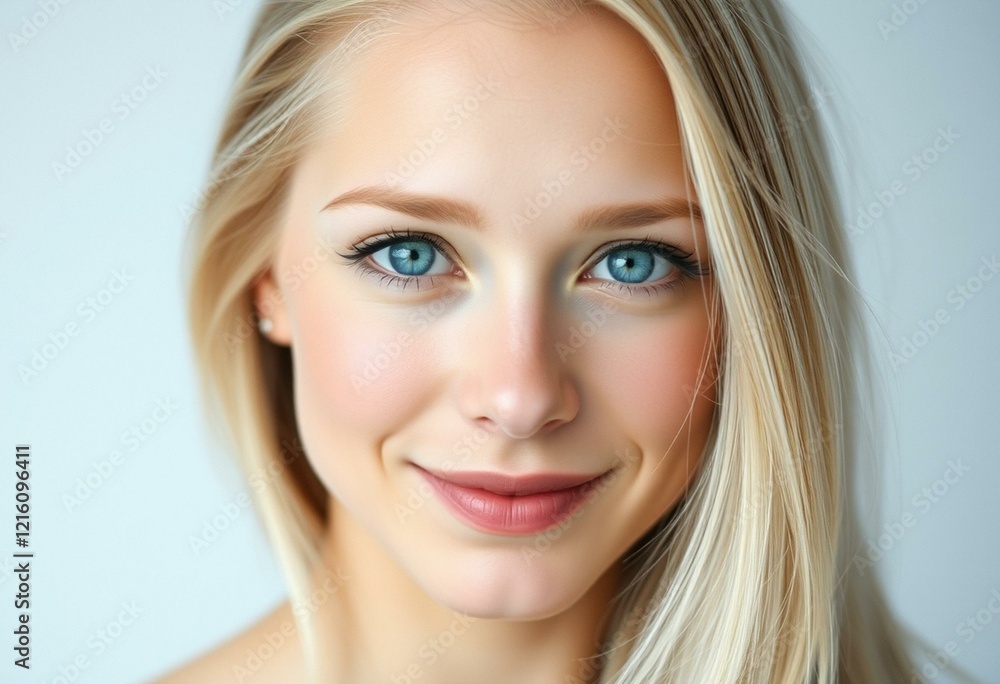 Serene Nordic blond female portrait with bright blue eyes Serene Nordic blond female portrait with bright blue eyes