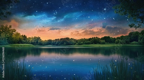 Wallpaper Mural Starry Night Serenity: Tranquil Lake Under a Celestial Canopy Torontodigital.ca