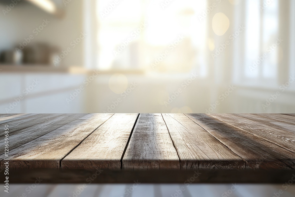 Rustic wooden table, sunlit kitchen, display, backdrop Rustic wooden table, sunlit kitchen, display, backdrop