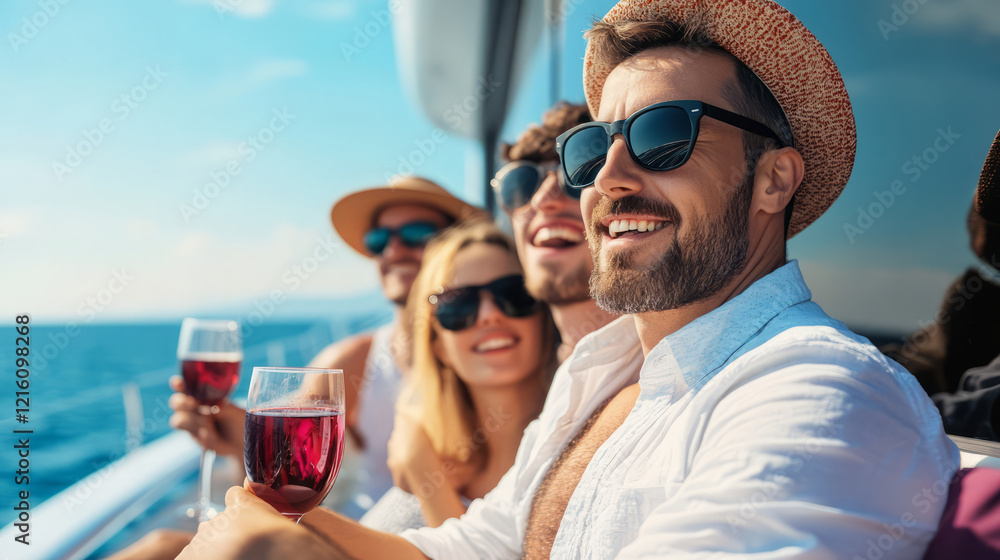 group of young people enjoying sunny day on boat, wearing sunglasses and smiling while holding drinks. atmosphere is cheerful and relaxed, perfect for summer fun group of young people enjoying sunny day on boat, wearing sunglasses and smiling while holding drinks. atmosphere is cheerful and relaxed, perfect for summer fun