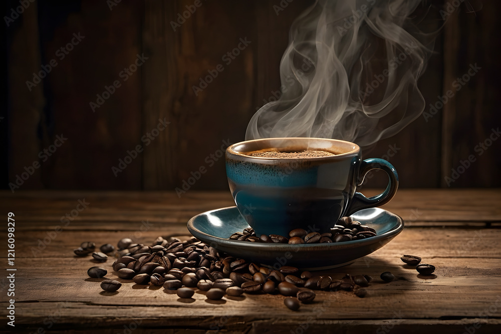 A steaming cup of black coffee resting on a wooden table with scattered coffee beans A steaming cup of black coffee resting on a wooden table with scattered coffee beans