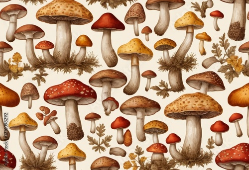 Autumn Forest Mushrooms Seamless Pattern: Watercolor Illustration of Diverse Fungus Species with Detailed Textures and Vibrant Colors