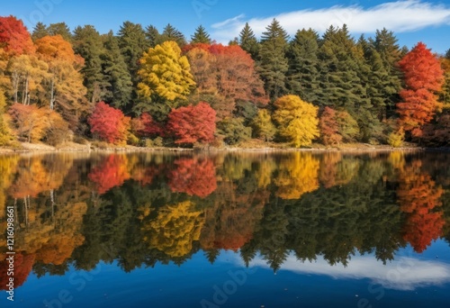 Autumn Lake Reflection: Vibrant Fall Foliage Mirrored in Still Water, Colorful Trees, Seasonal Scenery
