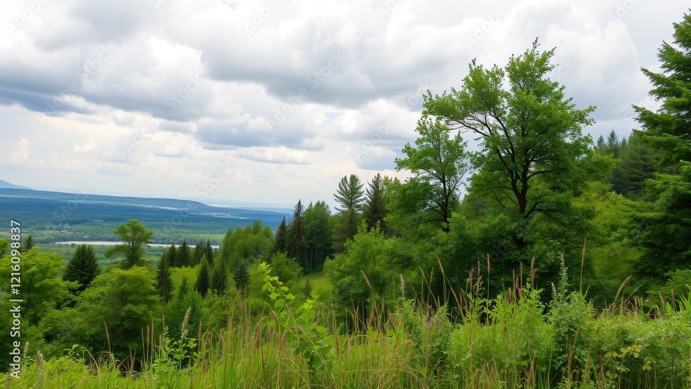 Panoramic View of Lush Green Forest and Distant Valley Under a Cloudy Sky Panoramic View of Lush Green Forest and Distant Valley Under a Cloudy Sky