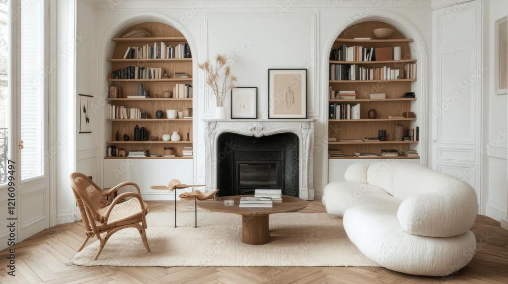 Fototapeta premium refined living room featuring arched oak shelving unit, cozy white sofa, and wooden coffee table. space exudes warmth and elegance with minimalist design