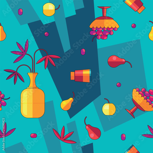 Still life seamless pattern. Leaves in vase near fruits in bowl. Abstract drawing style. Bright colored cartoon flat vector illustration.