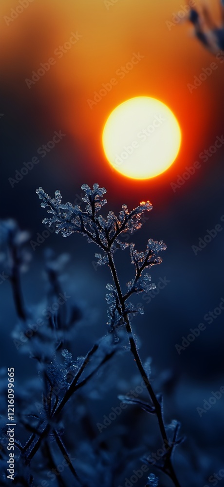 custom made wallpaper toronto digitalClose-up of frosty plants silhouetted against a vibrant orange sunset.