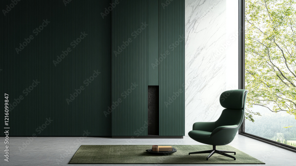 Fototapeta premium modern living room featuring green accent chair, textured wall, and large window with view of nature. serene atmosphere invites relaxation and comfort