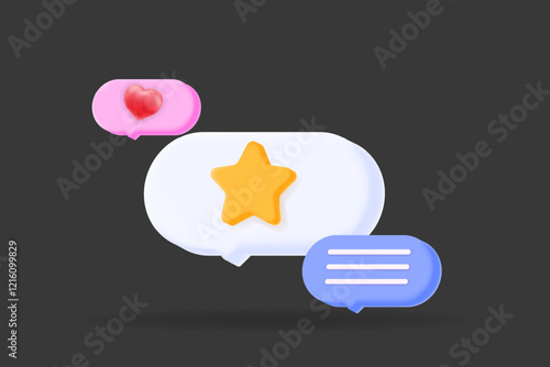 3d Chat bubbles with star, heart, and text icons, reviews, ratings, and engagement. social media, feedback, and communication platforms. illustration vector