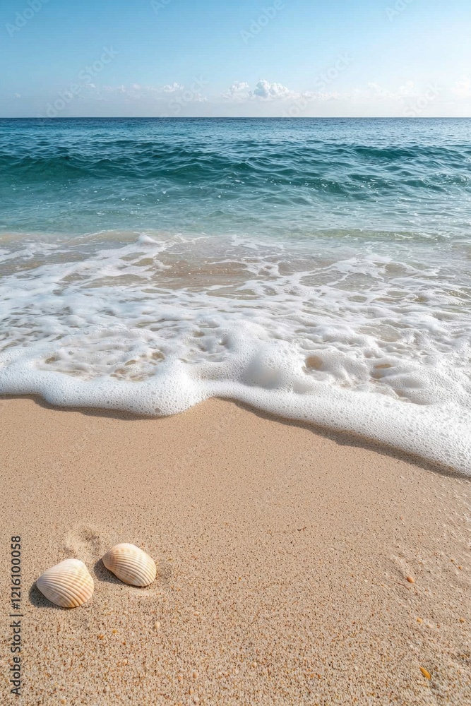 Seashells on a sandy beach with ocean waves Seashells on a sandy beach with ocean waves