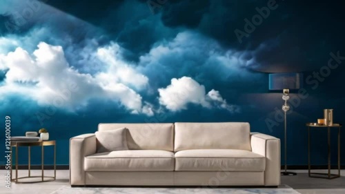 Moody Modern Living Room with Teal Storm Cloud Motion Video V1