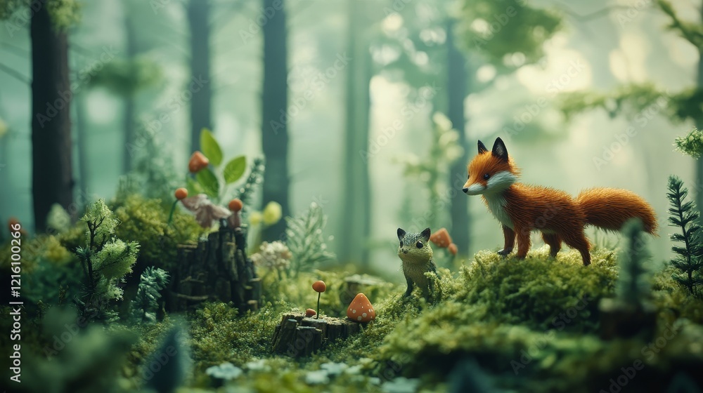 International Day of Forests scene with lush green trees and woodland creatures against a misty morning forest backdrop, macro shot, Nature Conservation style concept