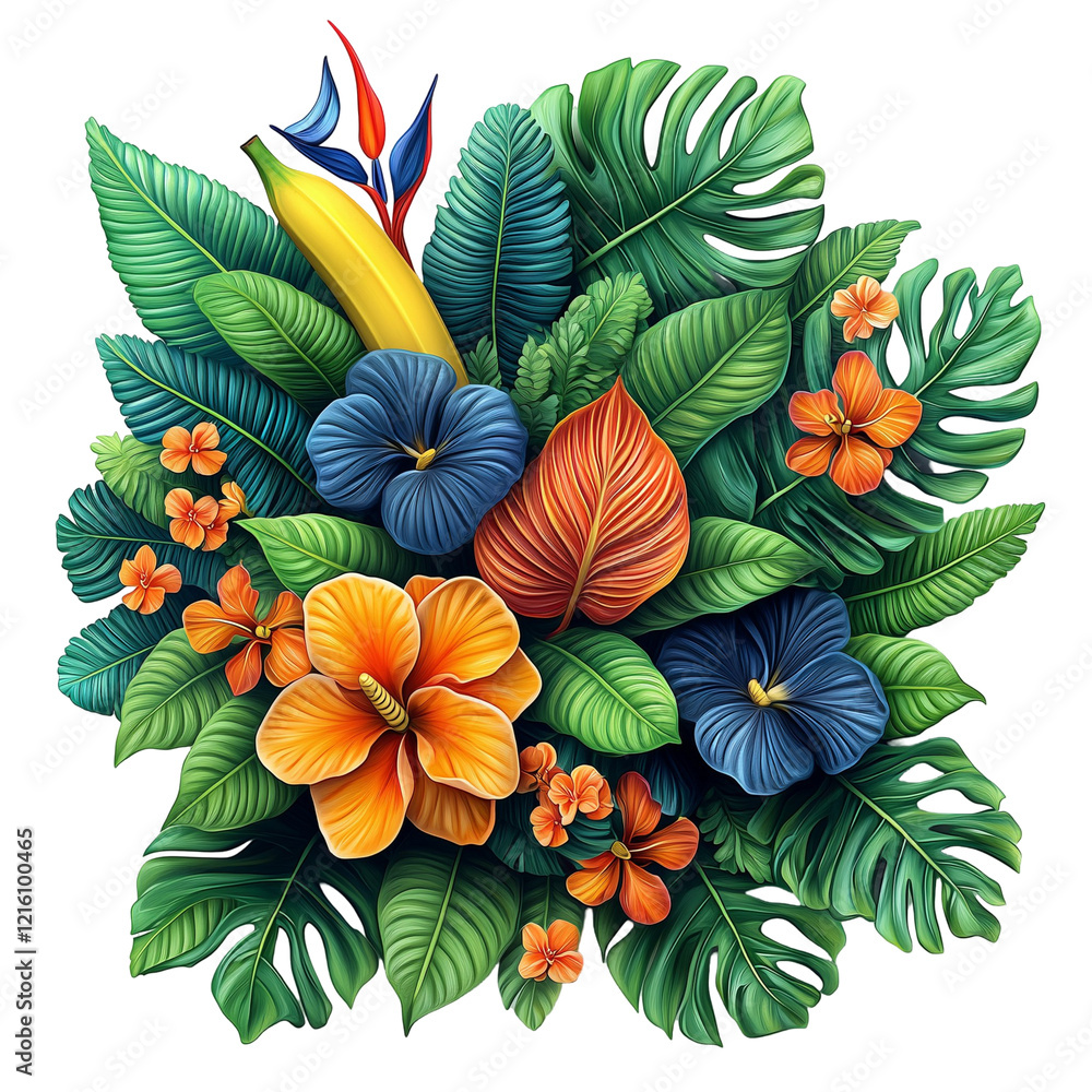 Naklejka premium A vibrant tropical floral arrangement featuring various leaves and colorful flowers.
