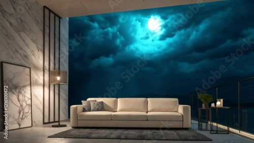 Moody Modern Living Room with Teal Storm Cloud Motion Video V2