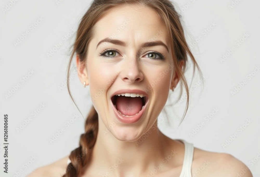 Portrait of a yawning female with a subtle smile