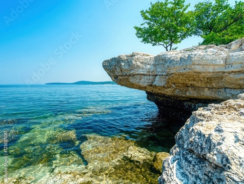 Tranquil blue water laps against a rocky cliff, a lone tree standing sentinel. photo