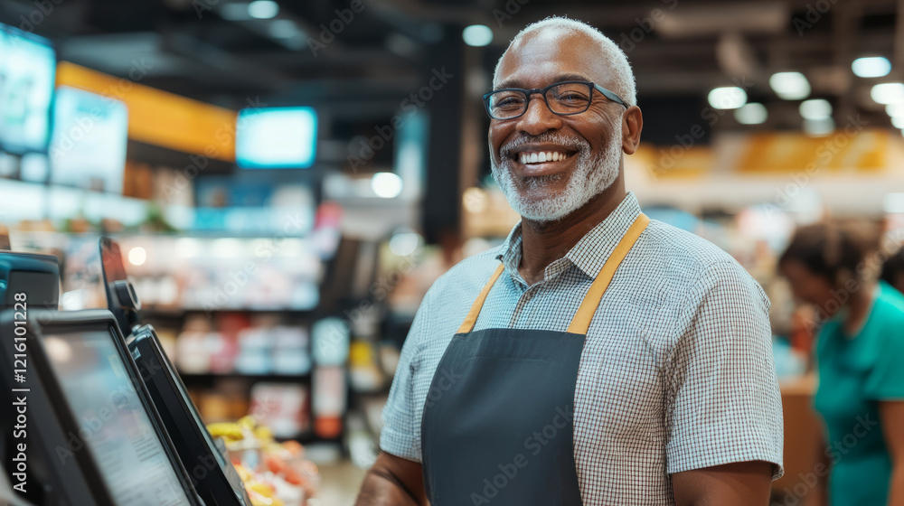 Friendly supermarket cashier smiling at camera, wearing apron and glasses, in busy grocery store. atmosphere is warm and inviting, showcasing vibrant shopping environment Friendly supermarket cashier smiling at camera, wearing apron and glasses, in busy grocery store. atmosphere is warm and inviting, showcasing vibrant shopping environment
