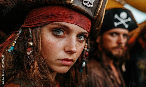 A young pirate woman stares intensely at the camera. photo