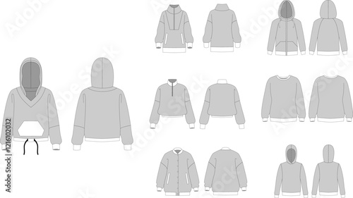 A set of technical illustrations of hoodies and sweatshirts. Technical Drawings with Front and Back Views - Men, Women, Unisex CAD Layout