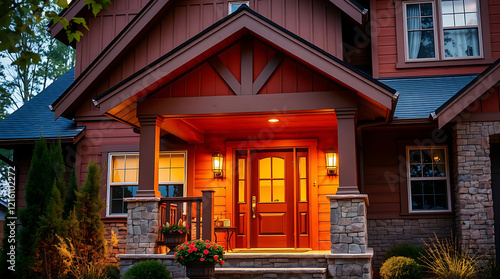 Illuminated Red House Exterior at Night: Captivating Home Architecture and Design