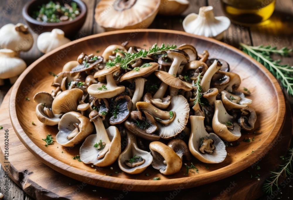 Fototapeta premium Delicious Roasted Mushrooms with Herbs on Wooden Plate, Close-up Food Photography