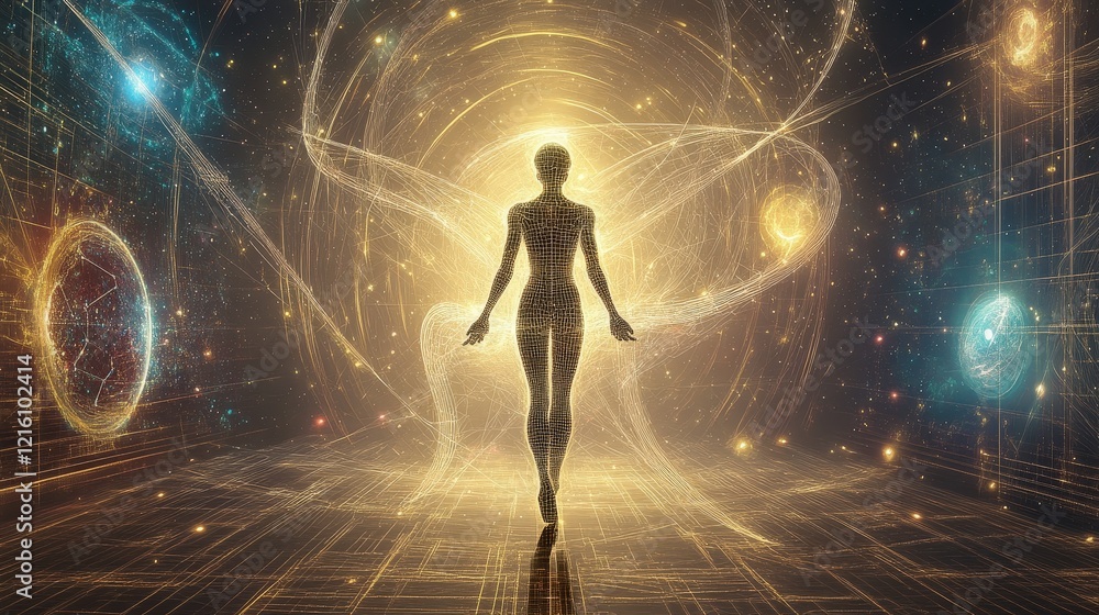 A Cosmic Journey Through Space and Light with a Silhouette in Golden Hues A Cosmic Journey Through Space and Light with a Silhouette in Golden Hues