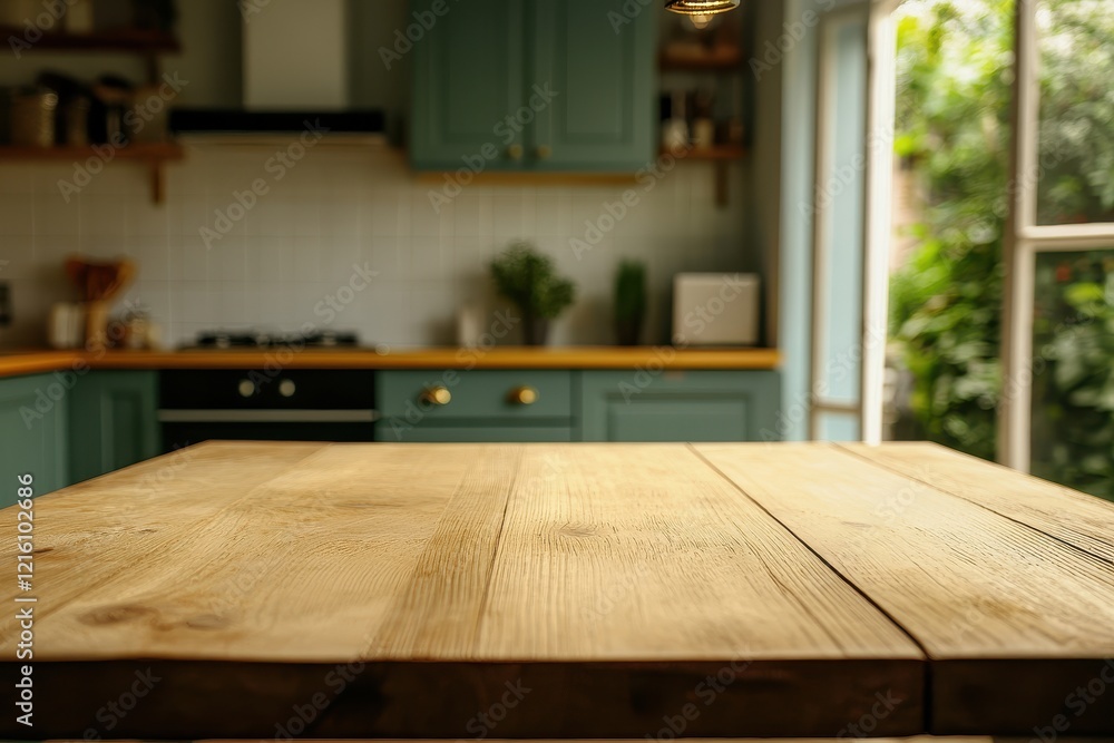 Rustic kitchen table, garden view, empty surface, home design Rustic kitchen table, garden view, empty surface, home design