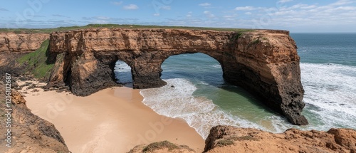 Double Arch Rock Formation on Sandy Beach photo