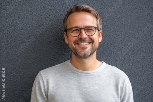 l?chelnder mann mit brille vor grauem hintegrund, Generative AI