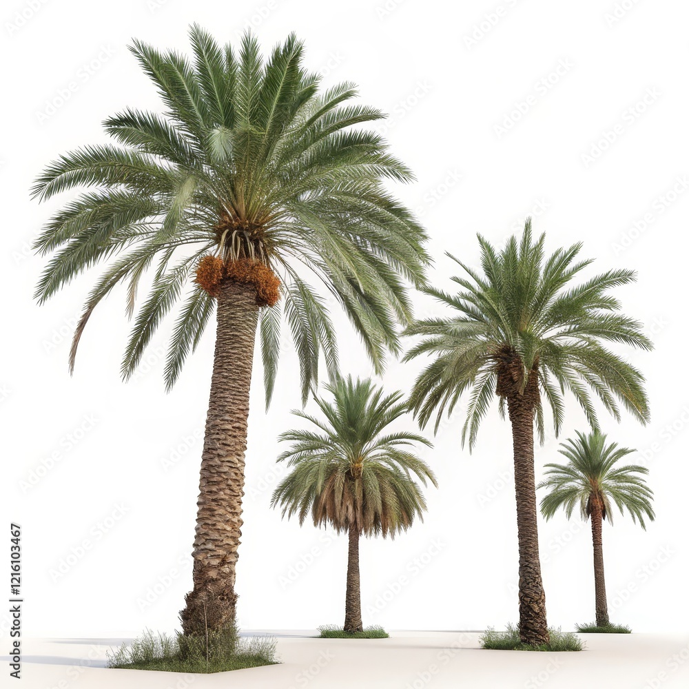 Fototapeta premium 3D Render of Four Date Palms, Lush Green Foliage, Isolated on White, Tropical Paradise Concept, 3D Modeling, Date Palm Trees Date Palm, Tropical Plants