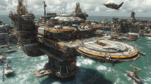 Immense, futuristic sea-based metropolis with aerial and naval vessels
