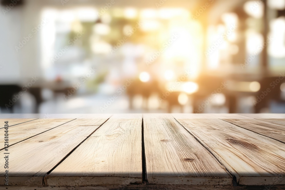 Empty wooden table, cafe background, sunlight, product display Empty wooden table, cafe background, sunlight, product display