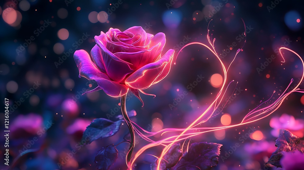 Obraz premium A glowing tendril of light curling upward on a neon rose background