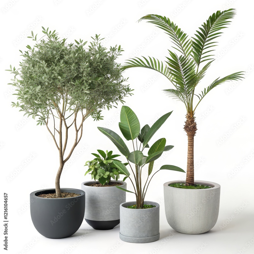 Fototapeta premium Modern Potted Plants 3D Render of Olive, Palm and Bird of Paradise in Grey Pots, Home Decor, Interior Design Plant Rendering, 3D Model