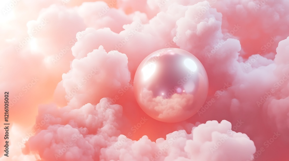 Fototapeta premium A luminescent pearl floating in a soft pink cloud background