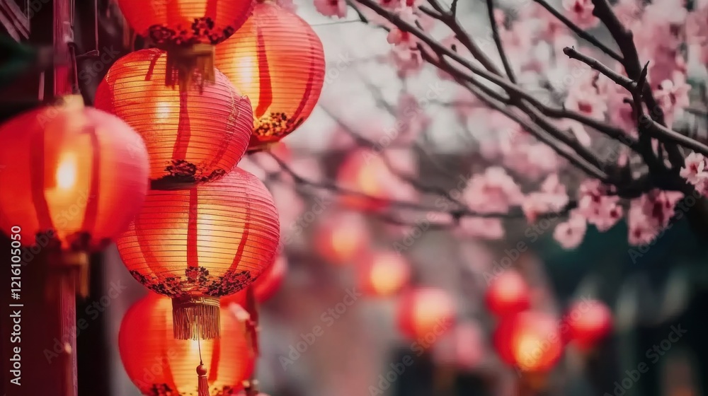 Glowing red Chinese lanterns set amidst a floral background. Perfect for web banners, illustrations, and postcard themes celebrating Chinese New Year festivities. Glowing red Chinese lanterns set amidst a floral background. Perfect for web banners, illustrations, and postcard themes celebrating Chinese New Year festivities.