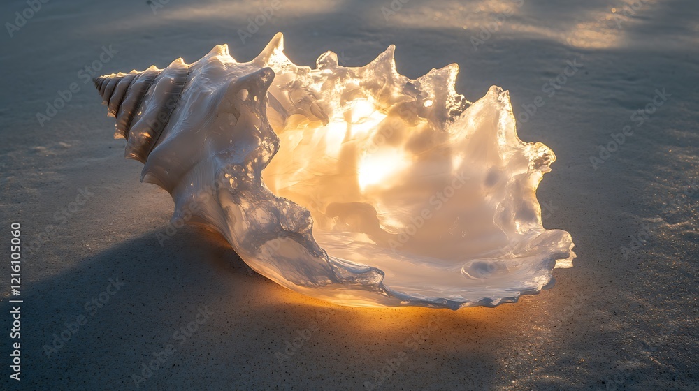 A luminous seashell emitting soft light on a sandy beige background A luminous seashell emitting soft light on a sandy beige background