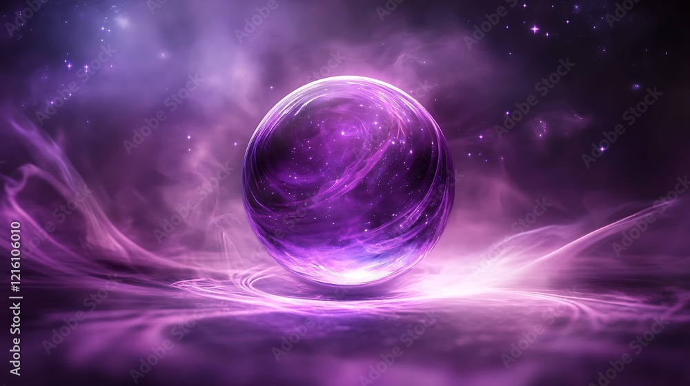 A radiant crystal ball with swirling mist on a starry purple background A radiant crystal ball with swirling mist on a starry purple background