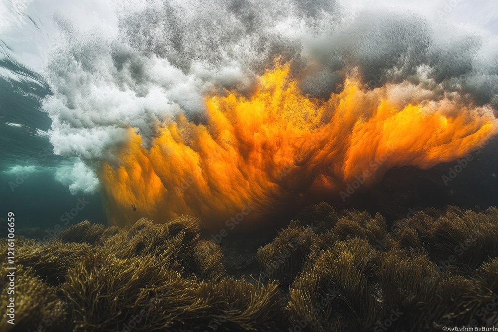 Fototapeta premium Ocean wave explodes in a fiery orange spectacle underwater, illuminating the seabed.